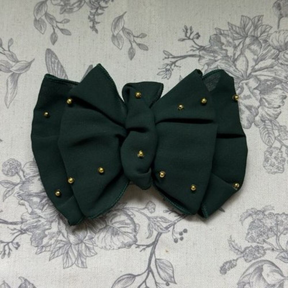 Vtg 80s 90s Large Hair Bow Clip Ribbon Green Gold Cottagecore Romantic Coquette